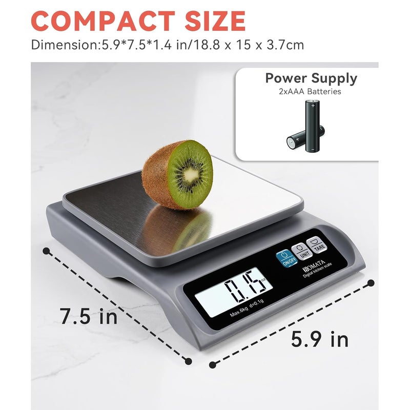 BOMATA 0.1g/ 13lb Food Scale, Digital Kitchen Scale with Removable Stainless Steel Pan, Backlit LCD Display, for Cooking, Baking B621 Grey - Image 5